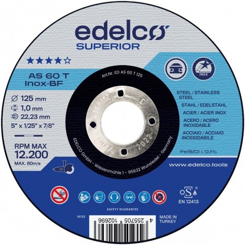 Disco de corte metal para máquina portátil AS 60 T INOX Superior. Edelco.EDAS60T115-125