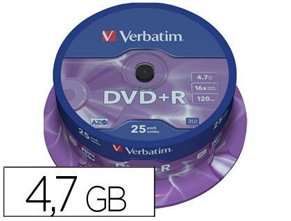 Dvd+r verbatim capacidad 4.7gb velocidad 16x 120 min tarrina de 25 unidades