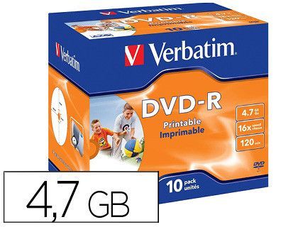 Dvd-r verbatim imprimible capacidad 4.7gb velocidad 16x 120 min pack de 10 unidades