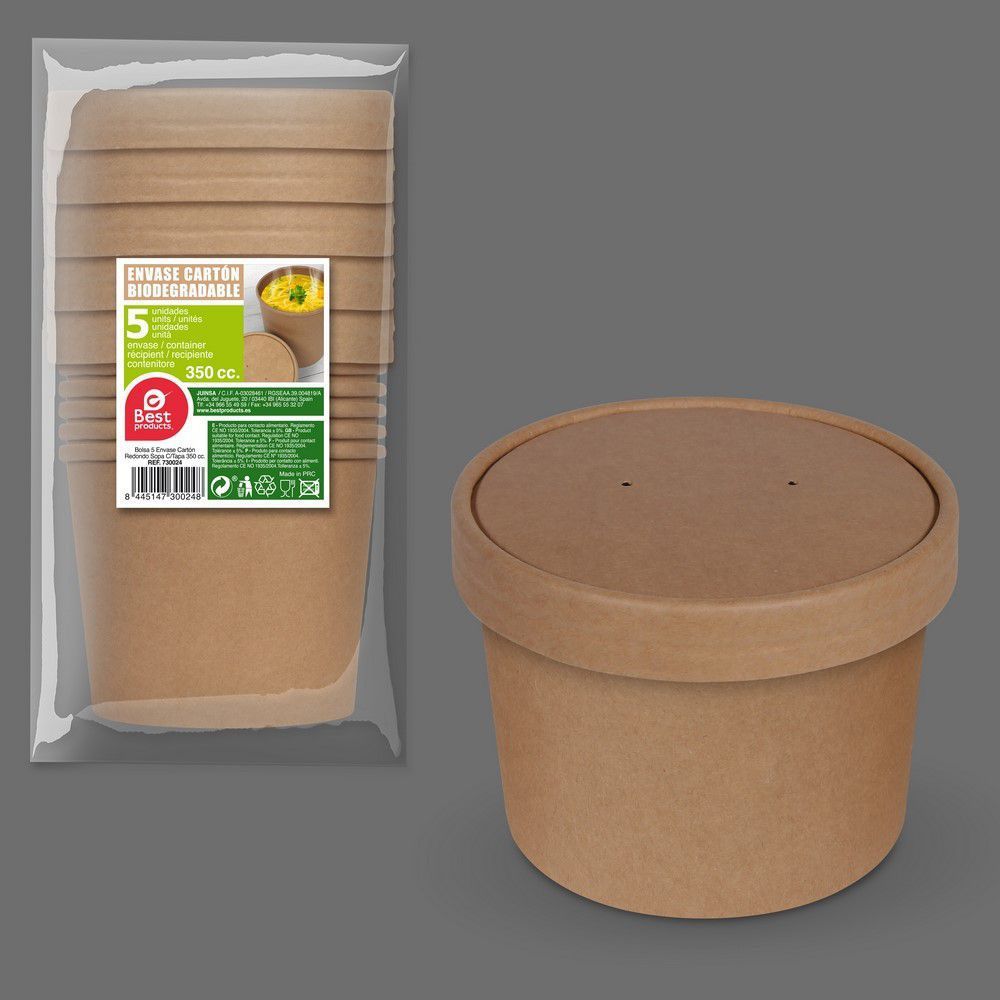 Envase De Cartón Biodegradable, Con Tapa. 350 Cc. 5 Unidades