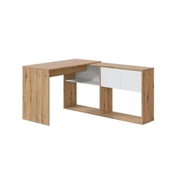 Escritorio con estantería reversible de madera natural/blanco, 72,5 x 112 x 144 cm | DUO