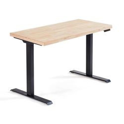 Escritorio motorizado elevable de madera de roble y metal en natural y negro, 140 x 70 x 76 - 120 cm | Stand