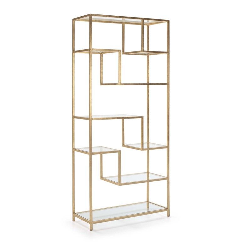 Estantería de cristal y metal dorado, 91x38x203 cm