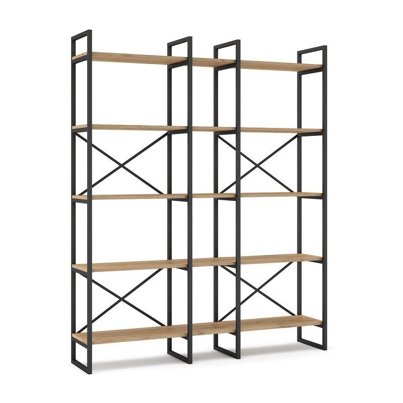 Estantería de metal y madera en negro y color natural, 143,5 x 30 x 175 cm | Dusan