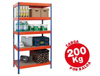 Estanteria Metalica Ar Storage 180X90X45 cm 5 Estantes 200Kg Por Estante Bandejas de Maderasin Tornillos Azul Naranja