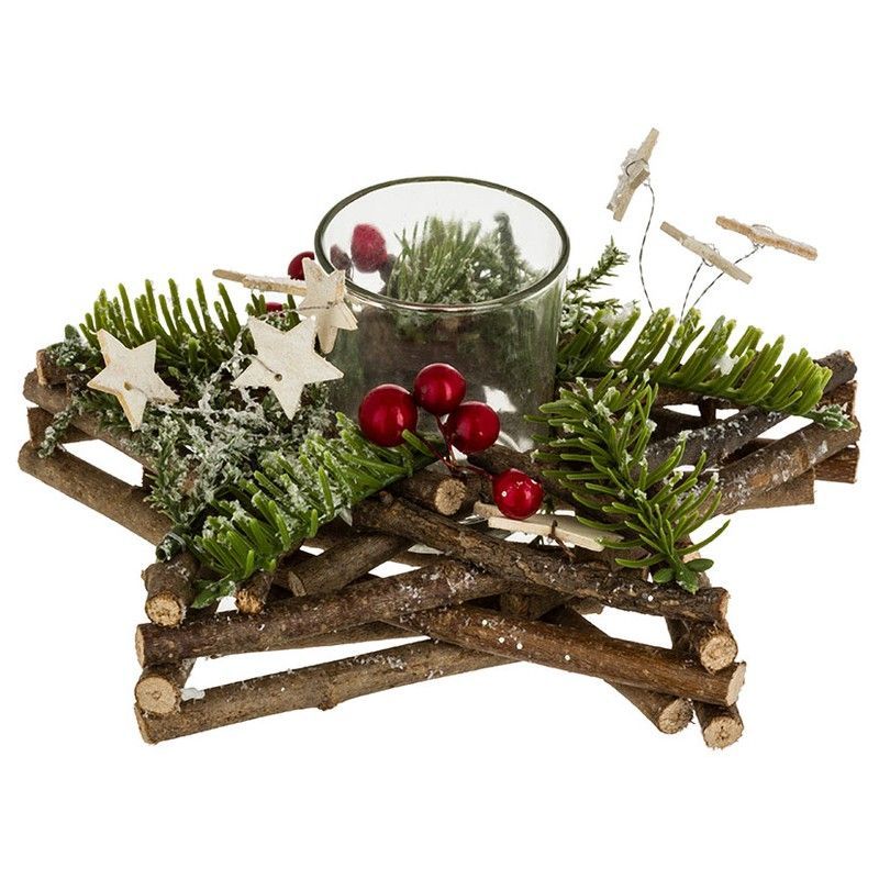 Estrella Porta Velas Madera 20xh.8cm.
