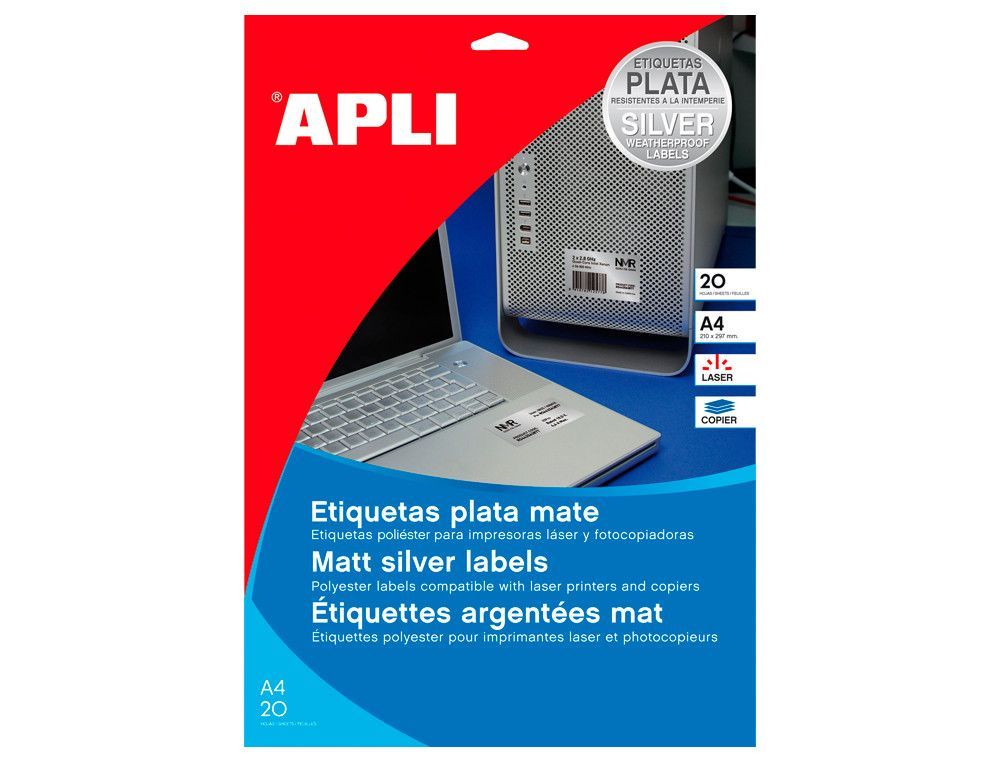 Etiqueta adhesiva apli 10071 metalizada tamaño 210x297 mm para fotocopiadora laser caja 20 hojas con 20