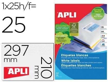 Etiqueta Adhesiva Apli 1215 Tamaño 210X297 mm para Fotocopiadora Laser Ink-Jet Caja con 25 Hojas con 25