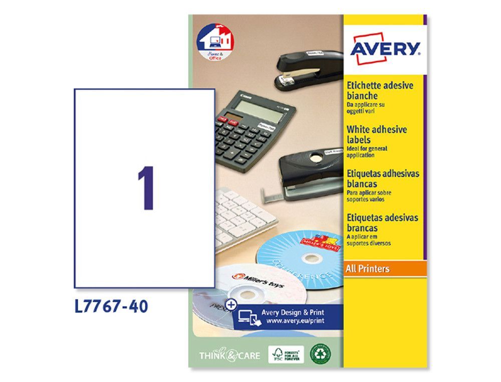 Etiqueta adhesiva avery blanca brillante laser 210x297 mm caja de 40 unidades