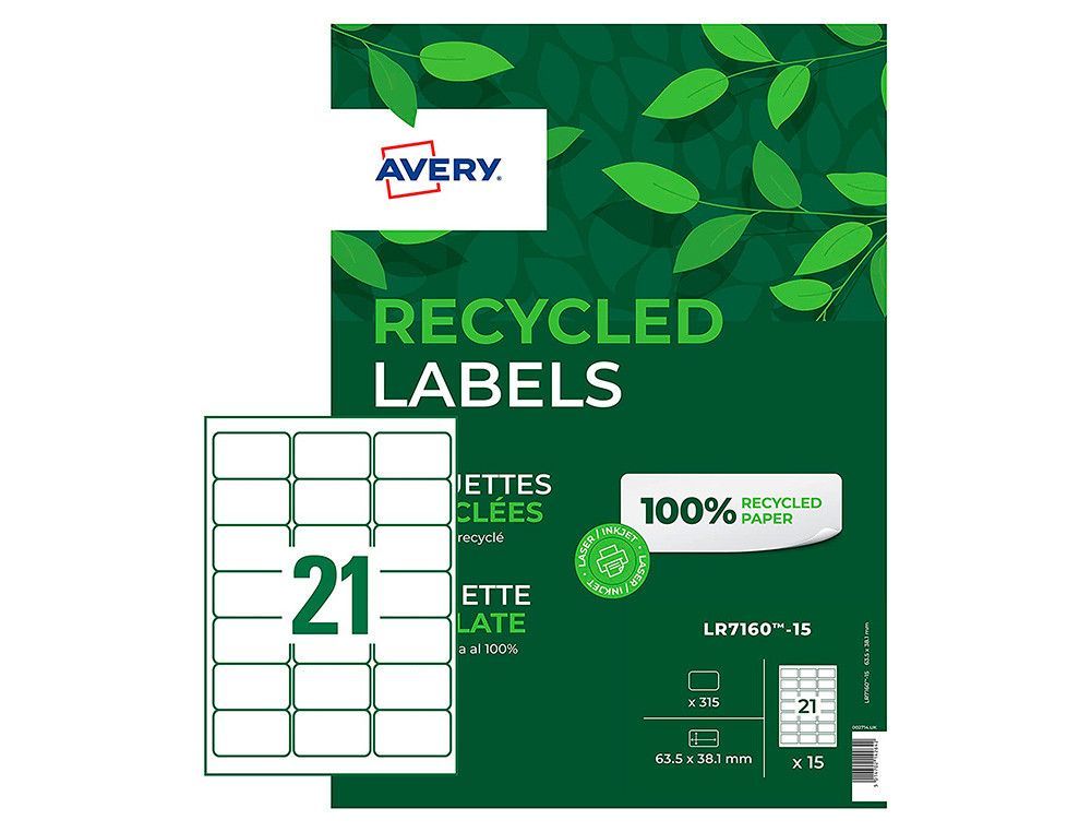 Etiqueta adhesiva avery blanca permanente reciclada 100% para impresora laser 63,5x38,1 mm caja de 315