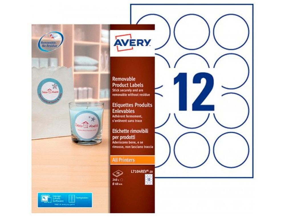 Etiqueta adhesiva avery blanca redonda removible para impresora laser inyeccion tinta fotocopiadora 60 mm