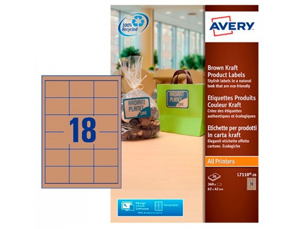 Etiqueta adhesiva avery kraft efecto carton rectangular removible para impresora laser inyeccion tinta
