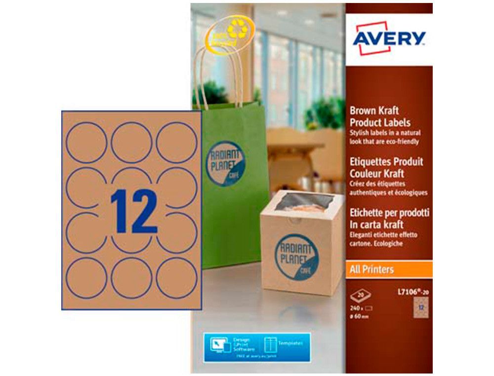 Etiqueta adhesiva avery kraft efecto carton redonda removible para impresora laser inyeccion tinta