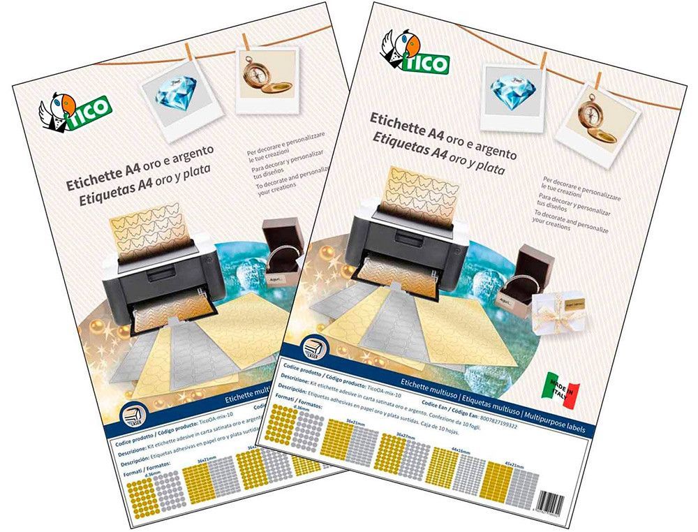 Etiqueta adhesiva avery tico papel satinado oro / plata laser medidas surtidas pack de 626 etiquetas