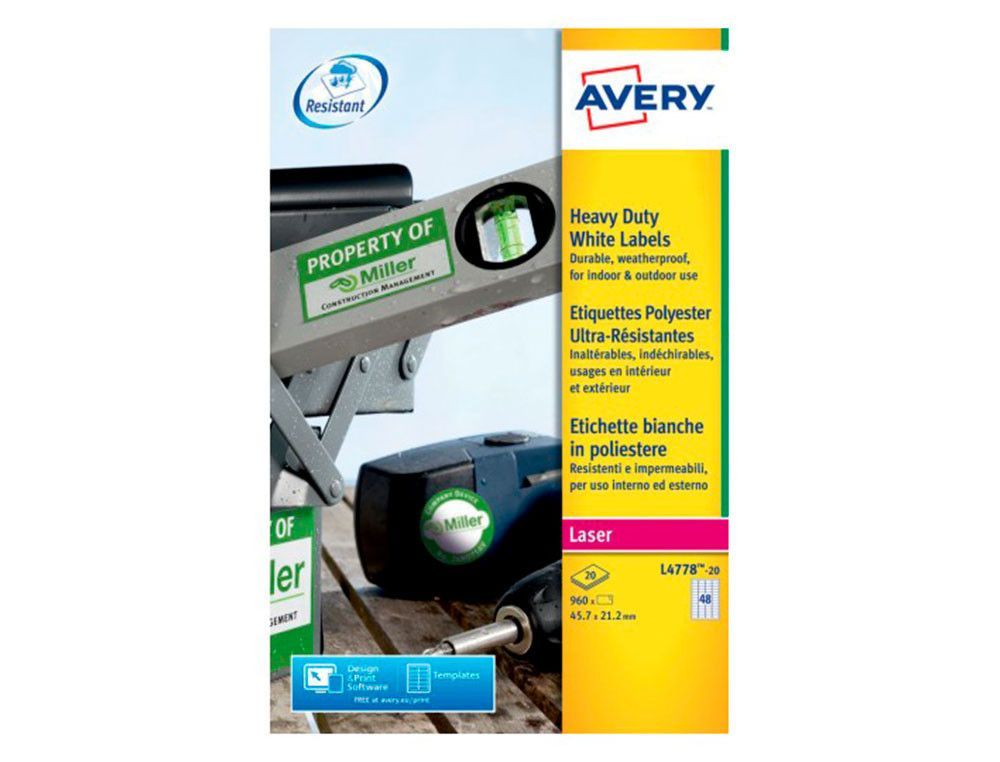 Etiqueta adhesiva resistente avery poliester blanco laser 45,7x21,2 mm caja de 960 unidades
