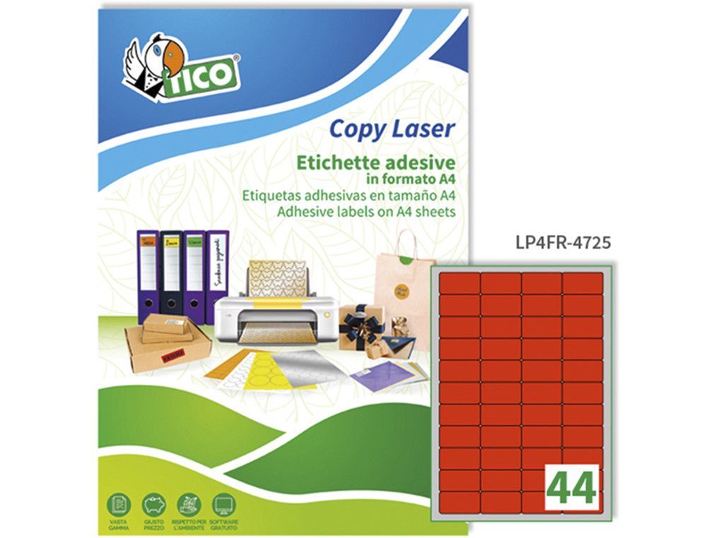 Etiqueta adhesiva tico rojo fl uorescentes permanente fsc laser/inkjet/fotocopia 47,5x25,5 mmcaja de 3080 unidades