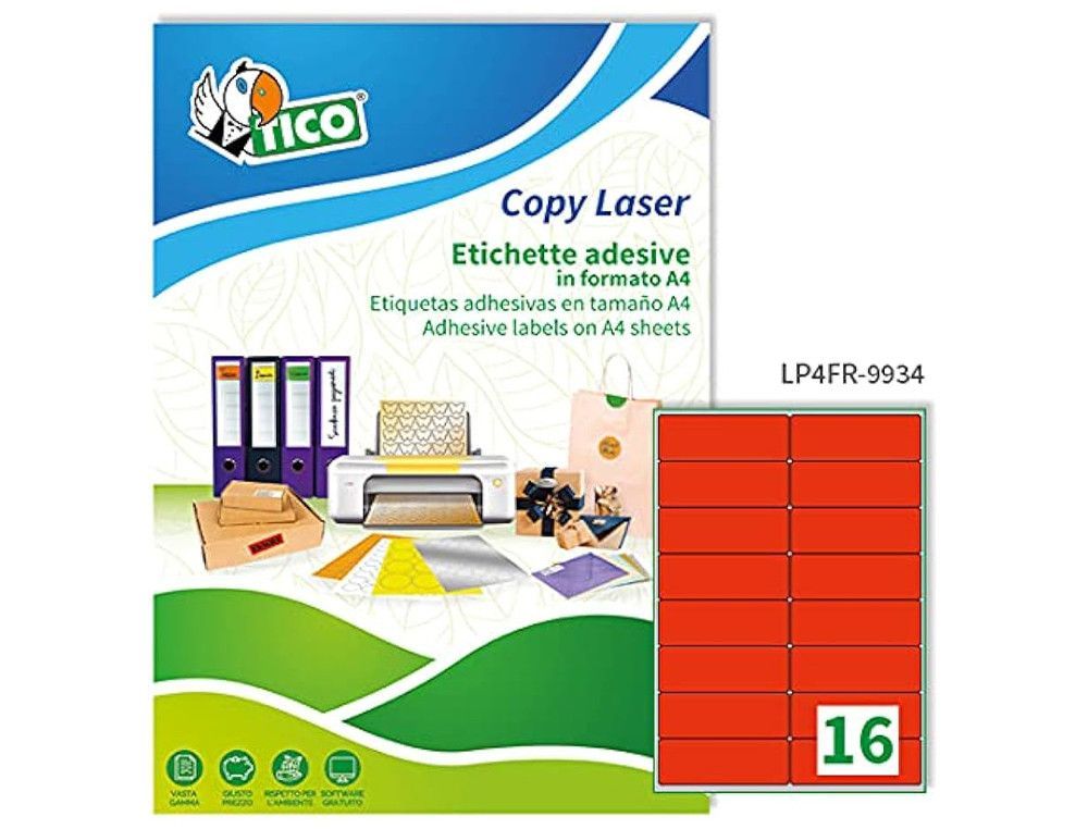 Etiqueta adhesiva tico rojo fl uorescentes permanente fsc laser/inkjet/fotocopia 99,1x34 mmcaja de 1120 unidades