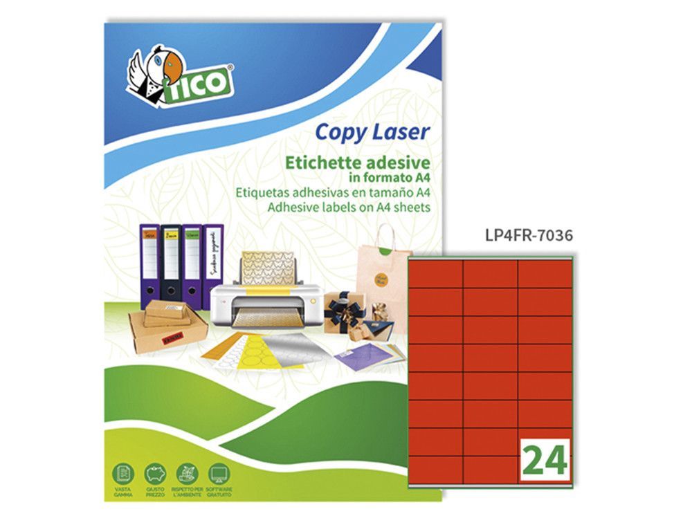 Etiqueta adhesiva tico rojo fl uorescenteses permanente fsc laser/inkjet/fotocopia 70x36 mmcaja de 1680 unidades