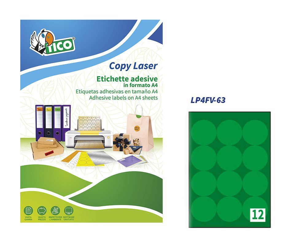 Etiqueta adhesiva tico verde f luorescentes permanente fsc laser/inkjet/fotocopia redonda 63,5mm caja de 840 unidades