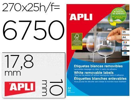 Etiqueta Adhesivas Apli 10197 Tamaño 17,8X10 mm Removible para Fotocopiadora Laser Ink-Jet Caja 25 Hojas Con