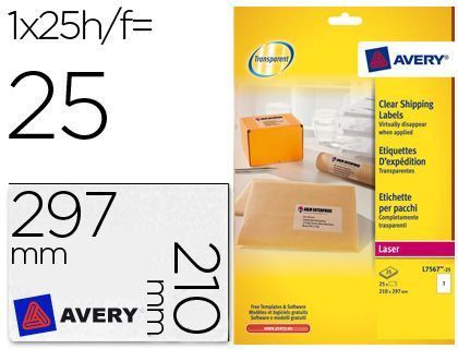 Etiqueta Adhesivas Avery Din A4 Imprimibles Transparente 210X297 mm Caja de 25 Hojas con 25 Etiquetas