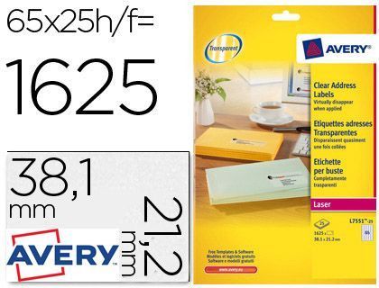 Etiqueta Adhesivas Avery Din A4 Imprimibles Transparente 38,1X21,2 mm Caja de 25 Hojas con 1625 Etiquetas