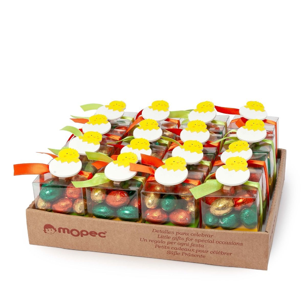 Expositor 28 cajas con 12 huevos praliné pinza pollito*