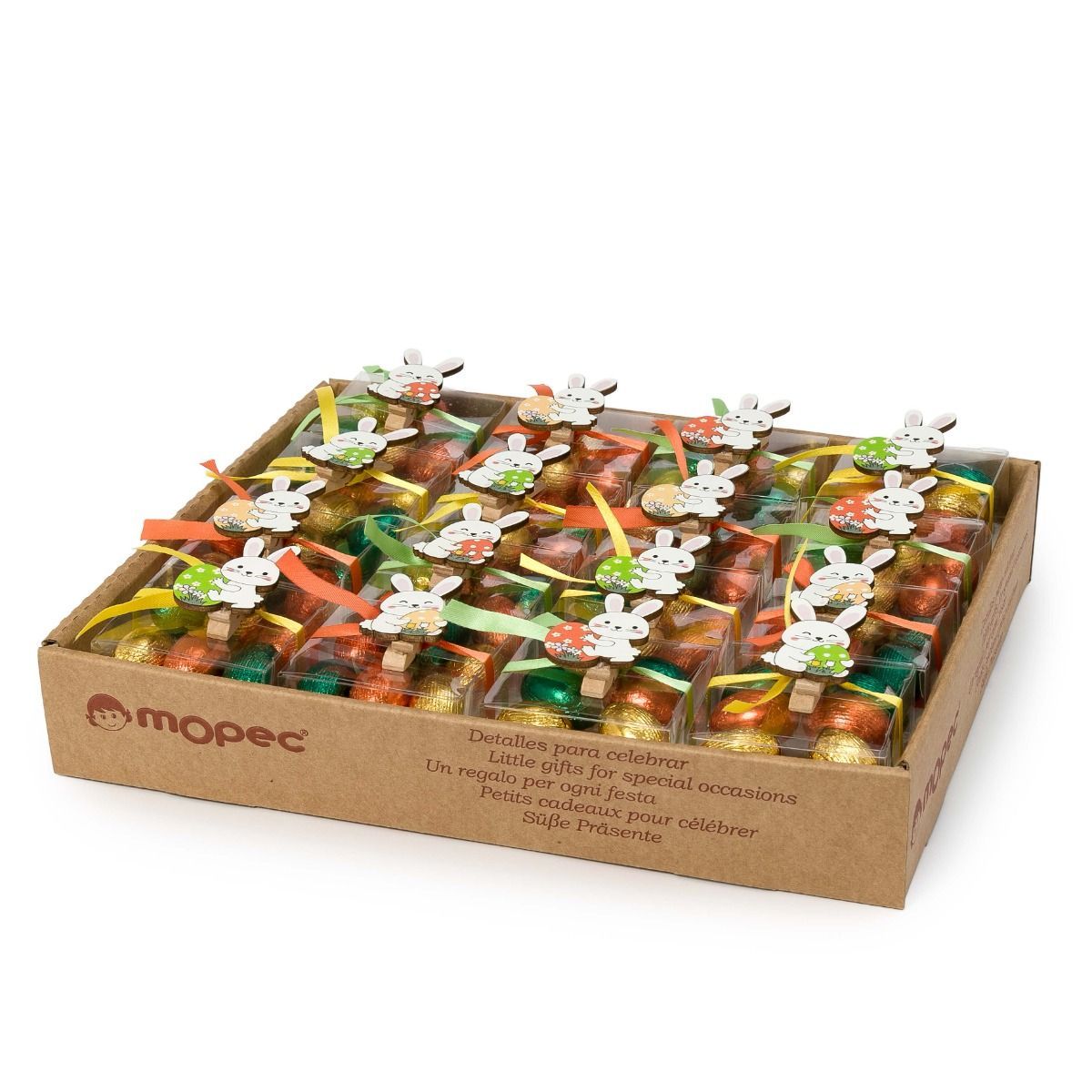 Expositor 30 cajas con 6 huevos praliné pinza conejito*