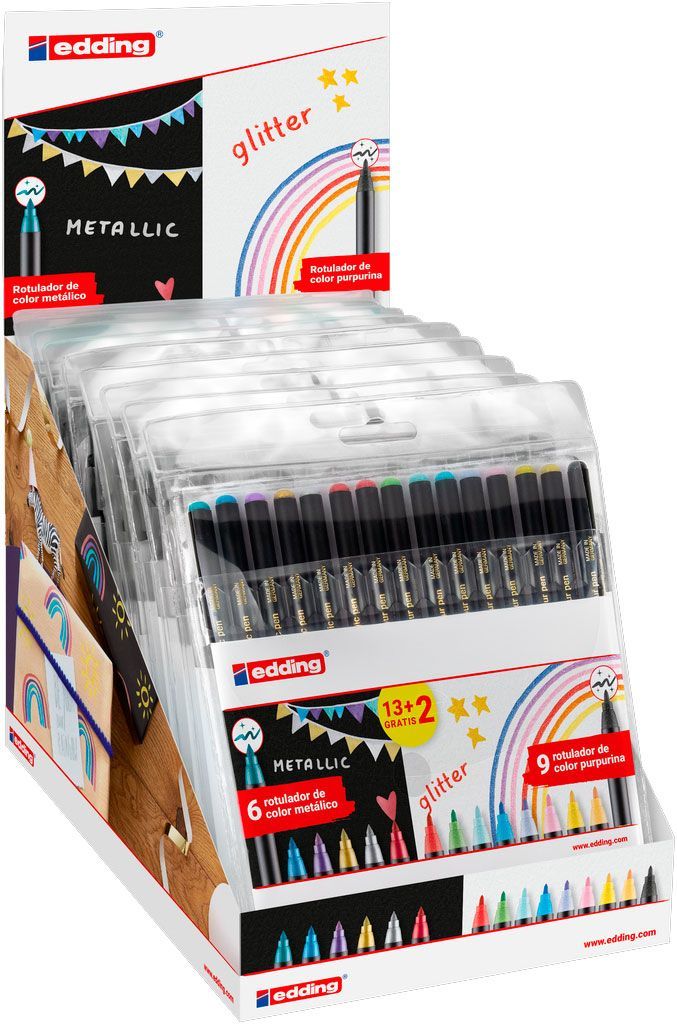Expositor de 15 Pack Rotuladores edding 1200 13+2 Metálico/Glitter