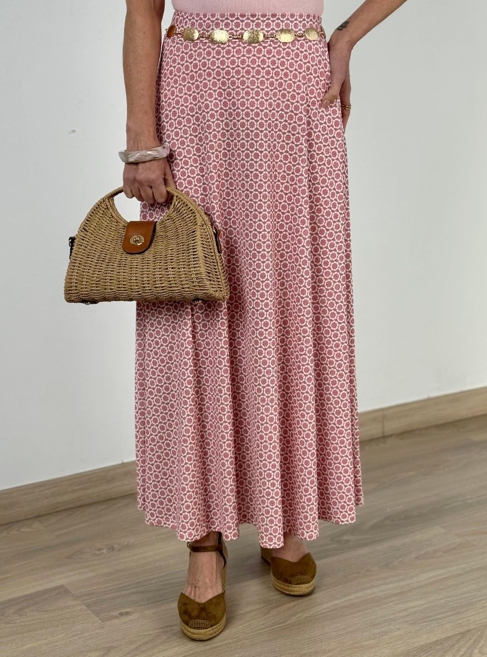 Falda larga Sagaró rosa-blanco