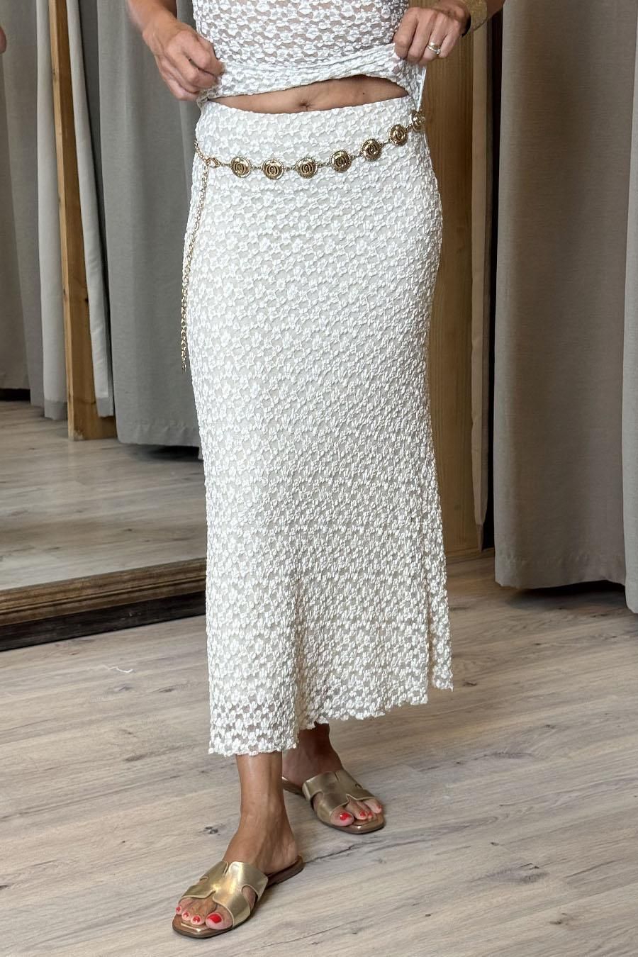 Falda maxi tul bordado beige