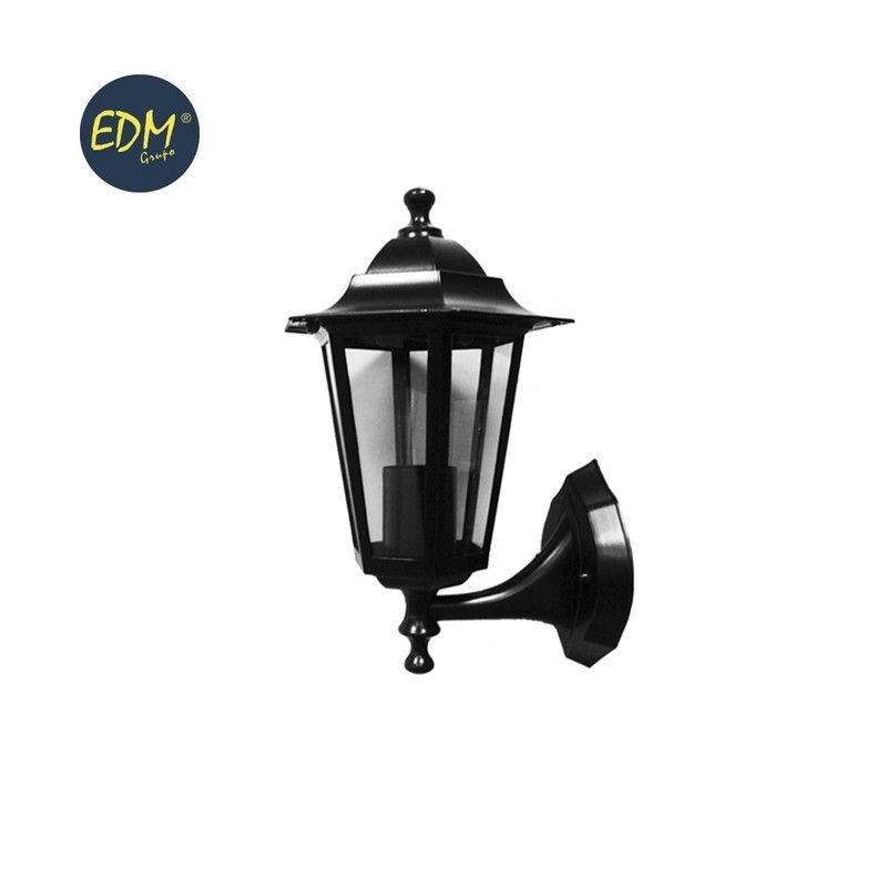 Farol aluminio y cristal pared negro 34x17x11cm 1xe27 edm mod. Zurich ip44 bombilla no incluida