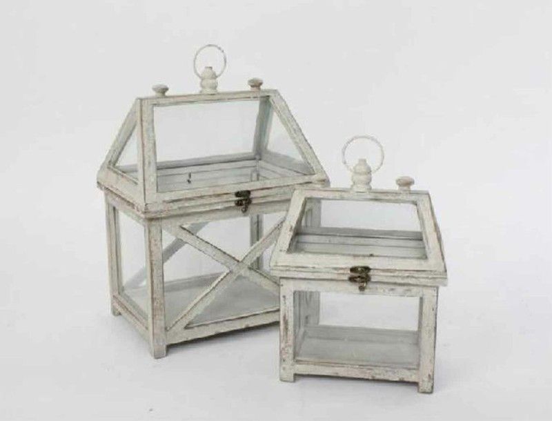 Farola Portavelas cuadrada madera cristal