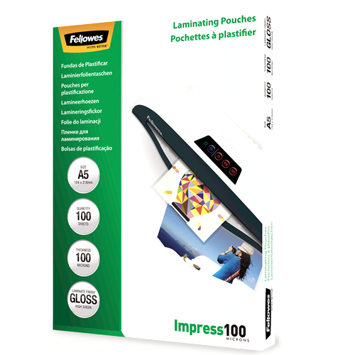FELLOWES Pack 100 Fundas Plastificar 100 micras Brillo A5 5351002