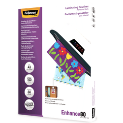 FELLOWES Pack 100 Fundas Plastificar 80 micras Adhesivas A3 5302302