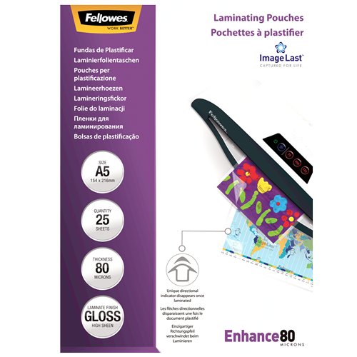 FELLOWES Pack 25 Fundas Plastificar 80 micras Brillo A5 5396003