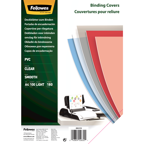 FELLOWES Pack de 100 portadas PVC transparente cristal A4 180 micras 5375901