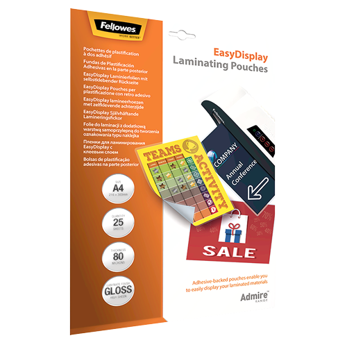 FELLOWES Pack de 25 Fundas de Plastificar Adhesivas EasyDisplay 80 micras A4 5601703