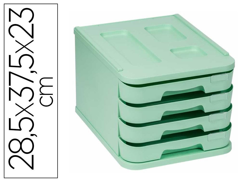 Fichero cajones de sobremesa faibo plastico 100% reciclable 4 cajones verde pastel 28,5x37,5x23 cm