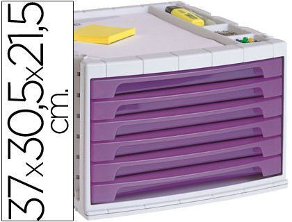 Fichero Cajones de Sobremesa Q-Connect 37X30,5X21,5 cm Bandeja Organizadora Superior 6 Cajones Violeta Translucido