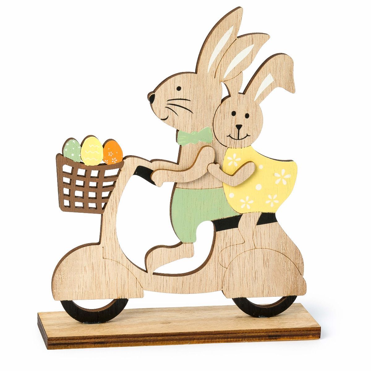 Figura de madera conejitos de Pascua en moto 15x18x4cm.