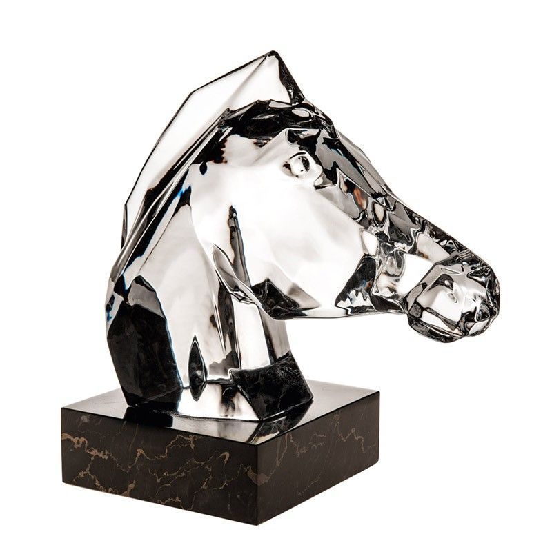 Figura decorativa de cabeza de caballo de cristal y mármol transparente y negra, 15 x 26,5 x 27,5 cm | Equo