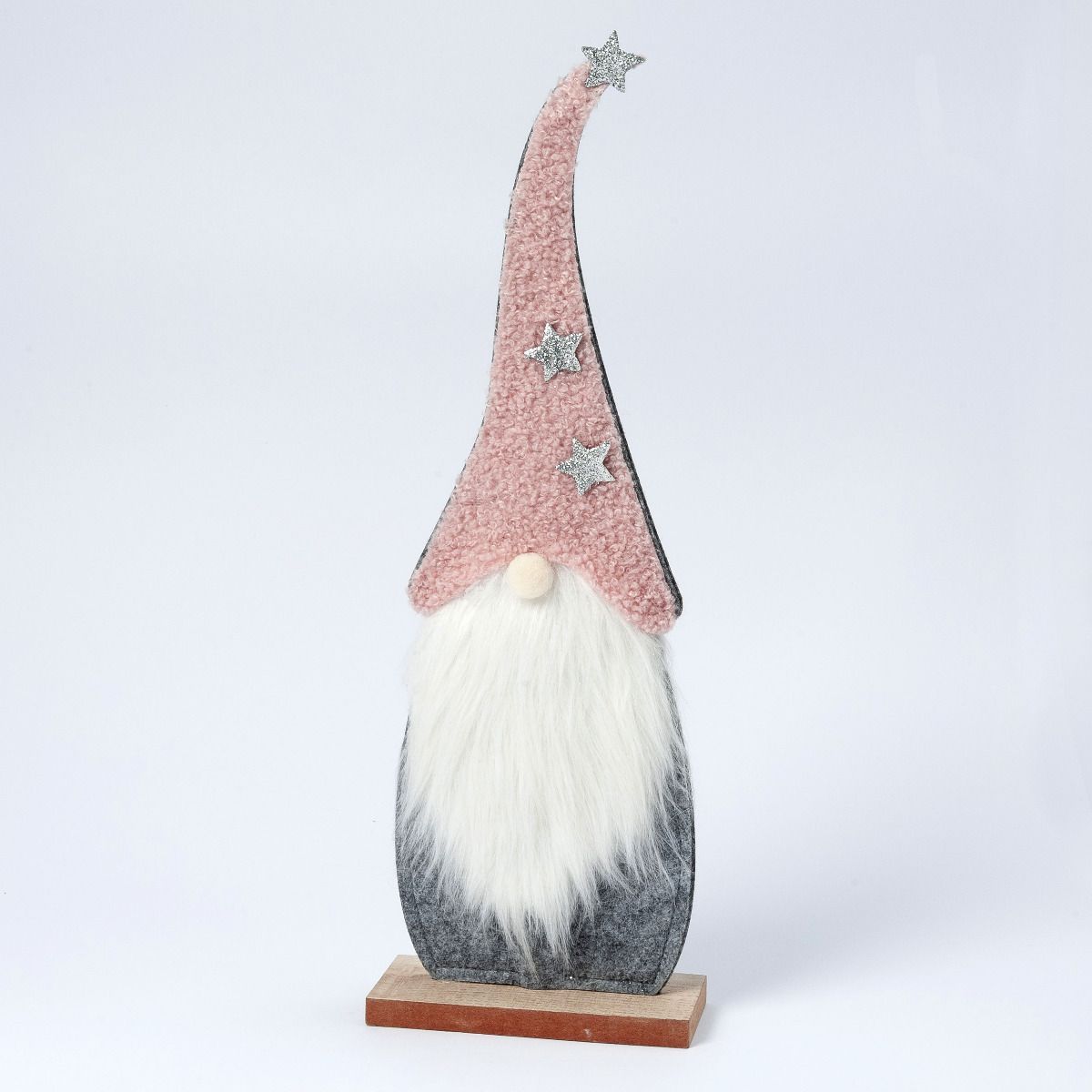 Figura Gnomo gorro rosa y base madera 40cm.