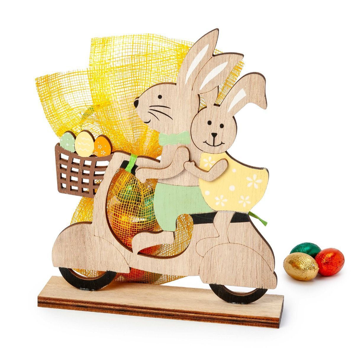 Figura madera Pascua conejitos en moto 10 huevos praliné
