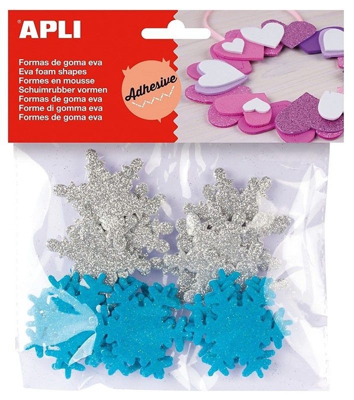 Formas goma EVA adhesivas copo de nieve purpurina 22 und.