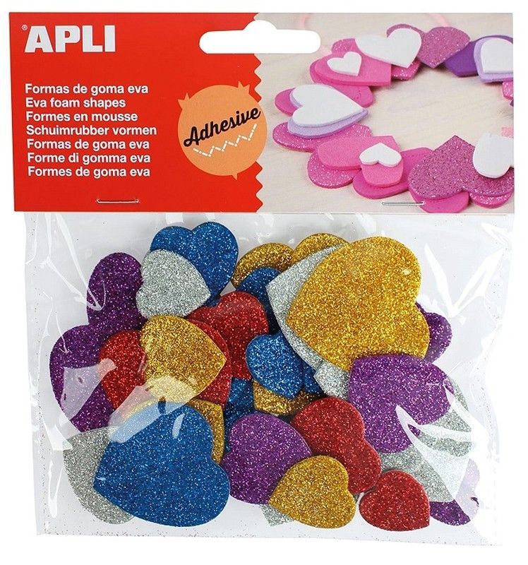 Formas goma eva adhesivas corazones purpurina metalizada 50 und.