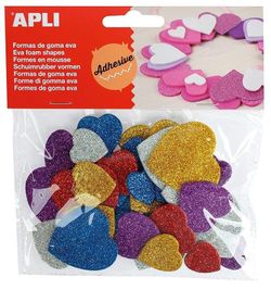 Formas goma eva adhesivas corazones purpurina metalizada 50 und.
