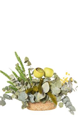 Fresco centro de flores secas y preservadas en tonos verdes