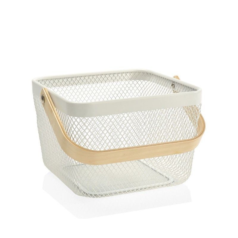 Frutero con asa de Metal/Madera Blanco, 25x25x17cm