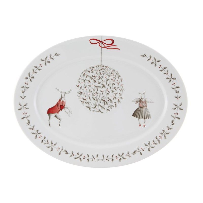 Fuente oval grande de porcelana en blanco, rojo y negro, 42,5 x 32,5 x 3,4 cm | Nöel